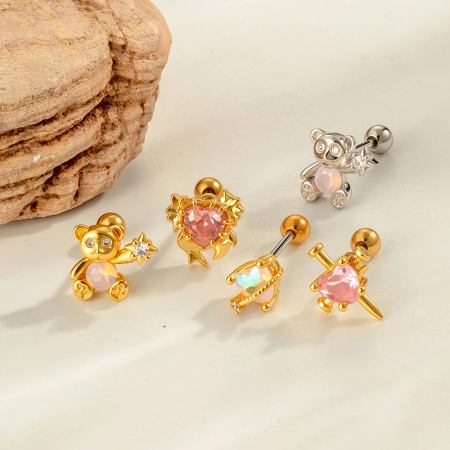 Boucles d'oreilles percées Sweet Bear en cuivre et zircon couleur or pour femme, 1 pièce