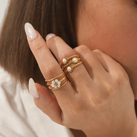 Bague en acier inoxydable imperméable avec perles et perles (1 pièce)