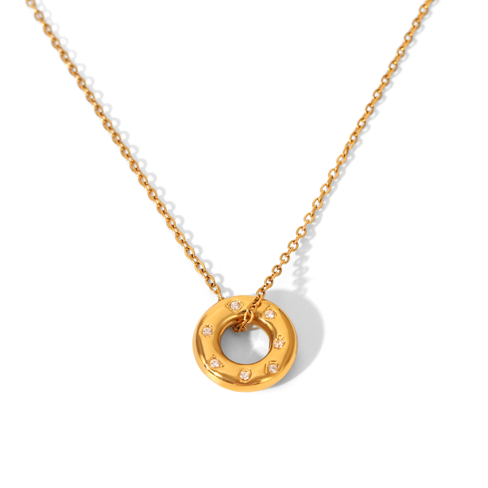 Collier Pendentif Rond En Acier Inoxydable Étanche Couleur Or Avec Zircon Pour Femme (1 Pièce)