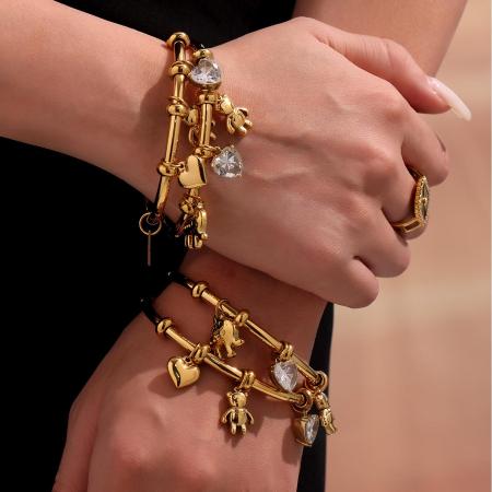 Bracelet à breloques pour femme, motif ours mignon, en acier inoxydable étanche, couleur or (1 pièce).