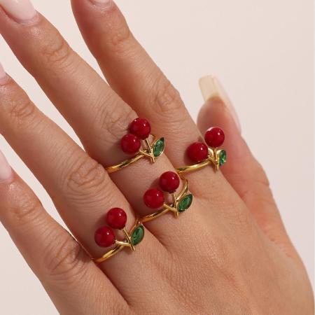 Bague romantique en acier inoxydable doré, couleur cerise, étanche (1 pièce)