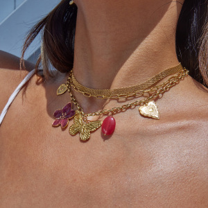 Collier Pendentif Femme En Acier Inoxydable Étanche Couleur Or, Orné D'Une Douce Fleur Et D'Un Papillon (1 Pièce) h5 Image2
