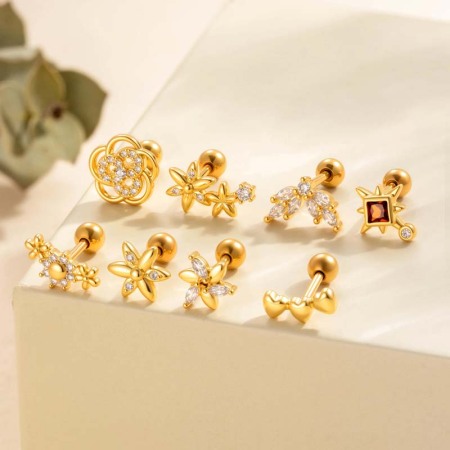 Boucle d'oreille piercing en forme de cœur et de fleur, couleur cuivre et or, zircone