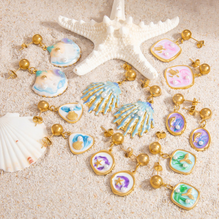 1 paire de boucles d'oreilles pendantes coquillages pour femme, série Ocean Resort