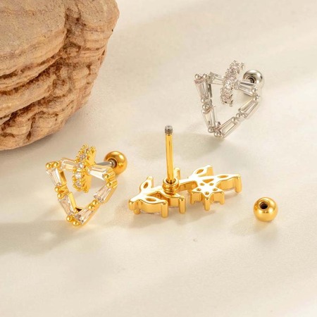Boucle d'oreille piercing en forme de cœur en cuivre doré et zircon 2