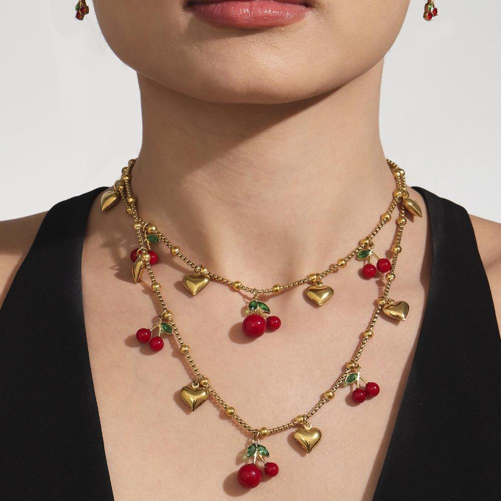 Ensemble De Bijoux Pour Femmes En Acier Inoxydable Doré, Couleur Cerise Vive (1 Pièce). h5Image3