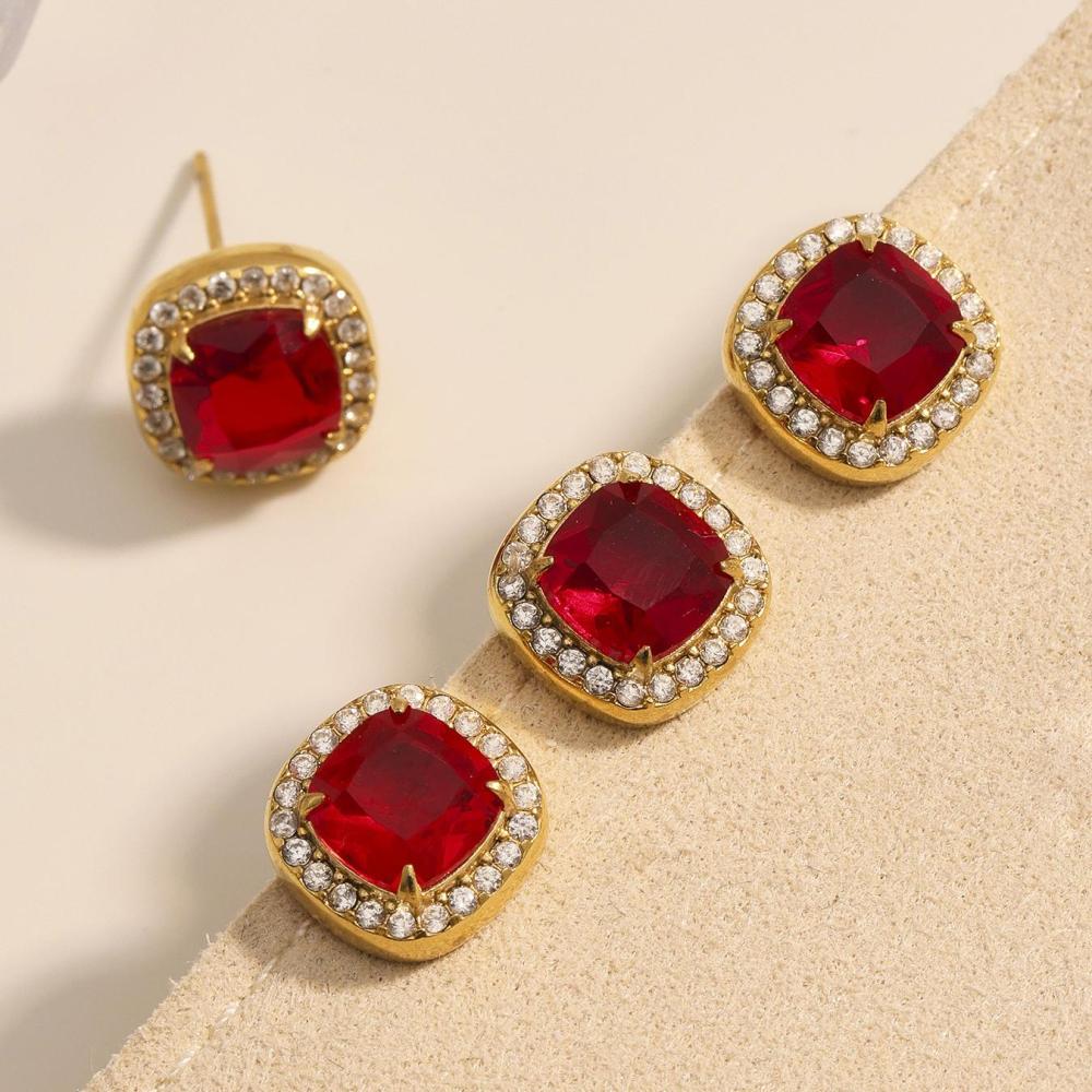 Ensemble De Bijoux Pour Femme, 1 Pièce, Classique Carré, En Acier Inoxydable, Étanche, Couleur Or, Zircon Rouge h5Image4