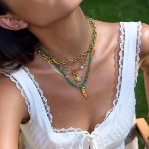 Collier Pendentif Femme En Acier Inoxydable, Couleur Or, Avec Tortue Verte Naturelle (1 Pièce) h5 Image3