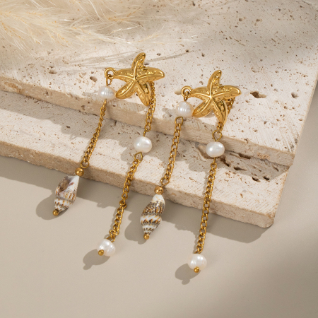 Boucles d'oreilles pendantes en acier inoxydable doré, imperméables, avec pompon en forme d'étoile de mer (1 paire).