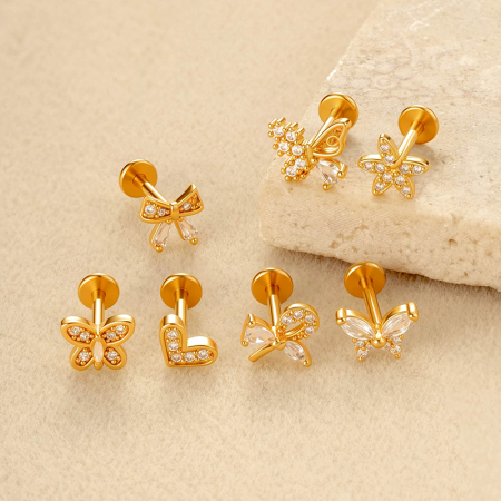 Boucle d'oreille piercing papillon en cuivre doré et zircon