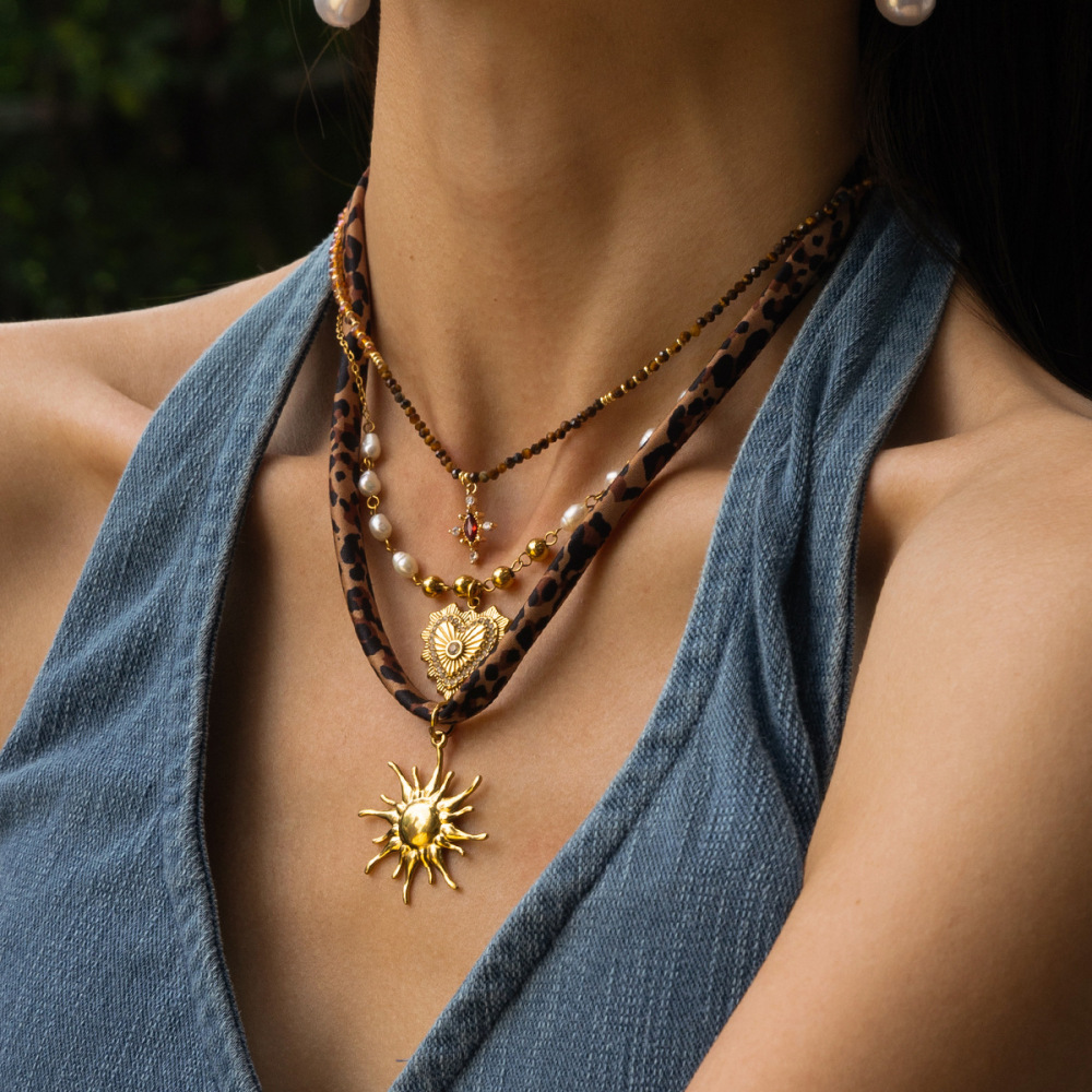 Collier Pendentif En Acier Inoxydable Doré, Imprimé Léopard, Étanche (1 Pièce) Image3