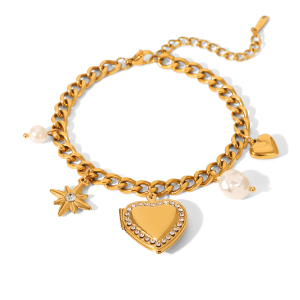 Bracelet À Breloques Daily Heart Pour Femme, En Acier Inoxydable Étanche, Couleur Or, Avec Zircon (1 Pièce). h5 