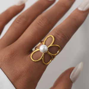 Bague Tendance Simple Et Élégante En Acier Inoxydable Doré, Couleur Or, Avec Motif Floral. h5 Image7
