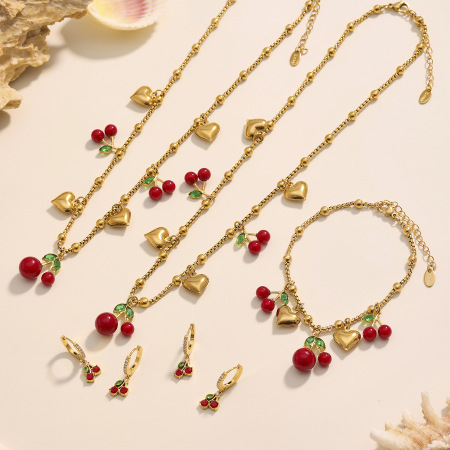 Ensemble de bijoux pour femmes en acier inoxydable doré, couleur cerise vive (1 pièce). 2
