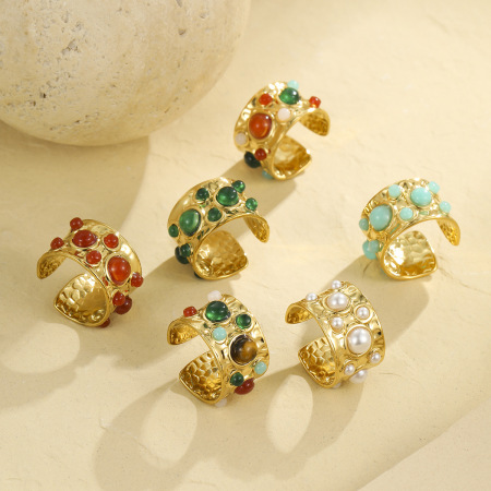 Bague en pierre naturelle, acier inoxydable, couleur or, 1 pièce 2
