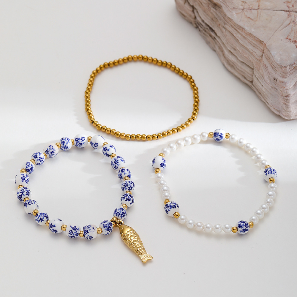 Bracelet De Perles Pour Femme, Série Classique, Élégant, En Céramique, Couleur Or, Motif Floral Image4