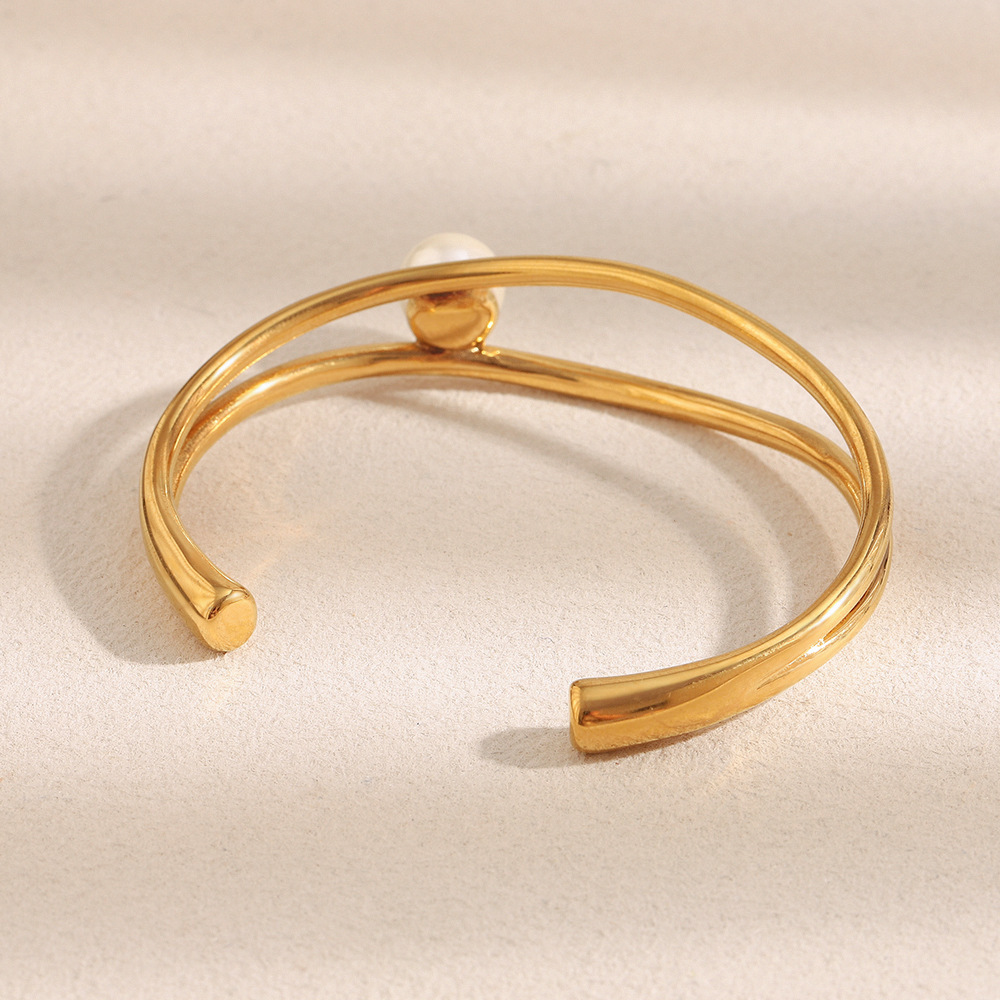 Bracelet Jonc Élégant Et Simple En Acier Inoxydable Imperméable Avec Perles Artificielles (1 Pièce) Image4