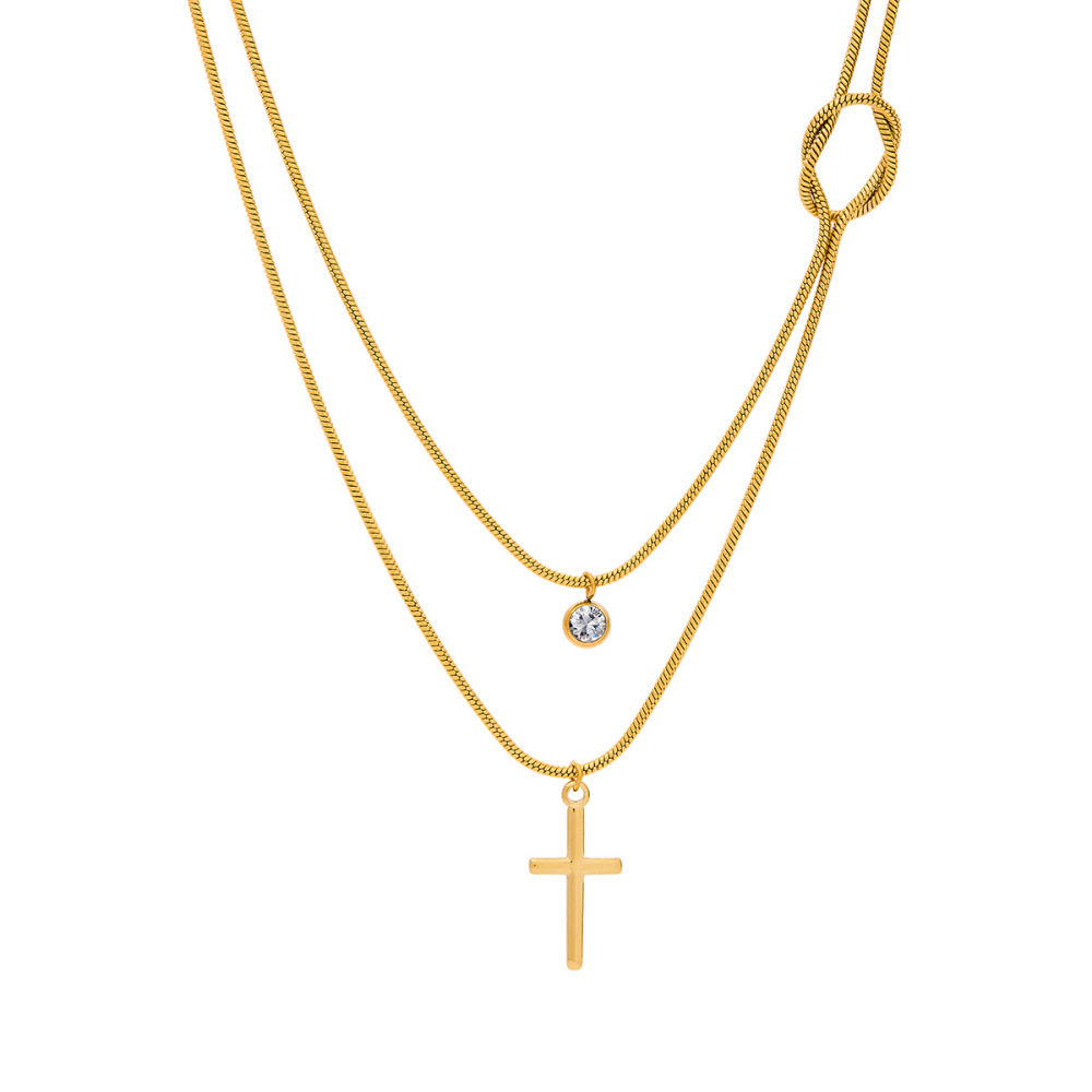 Collier Classique À Plusieurs Rangs En Acier Inoxydable Doré, Étanche, Avec Croix (1 Pièce) 