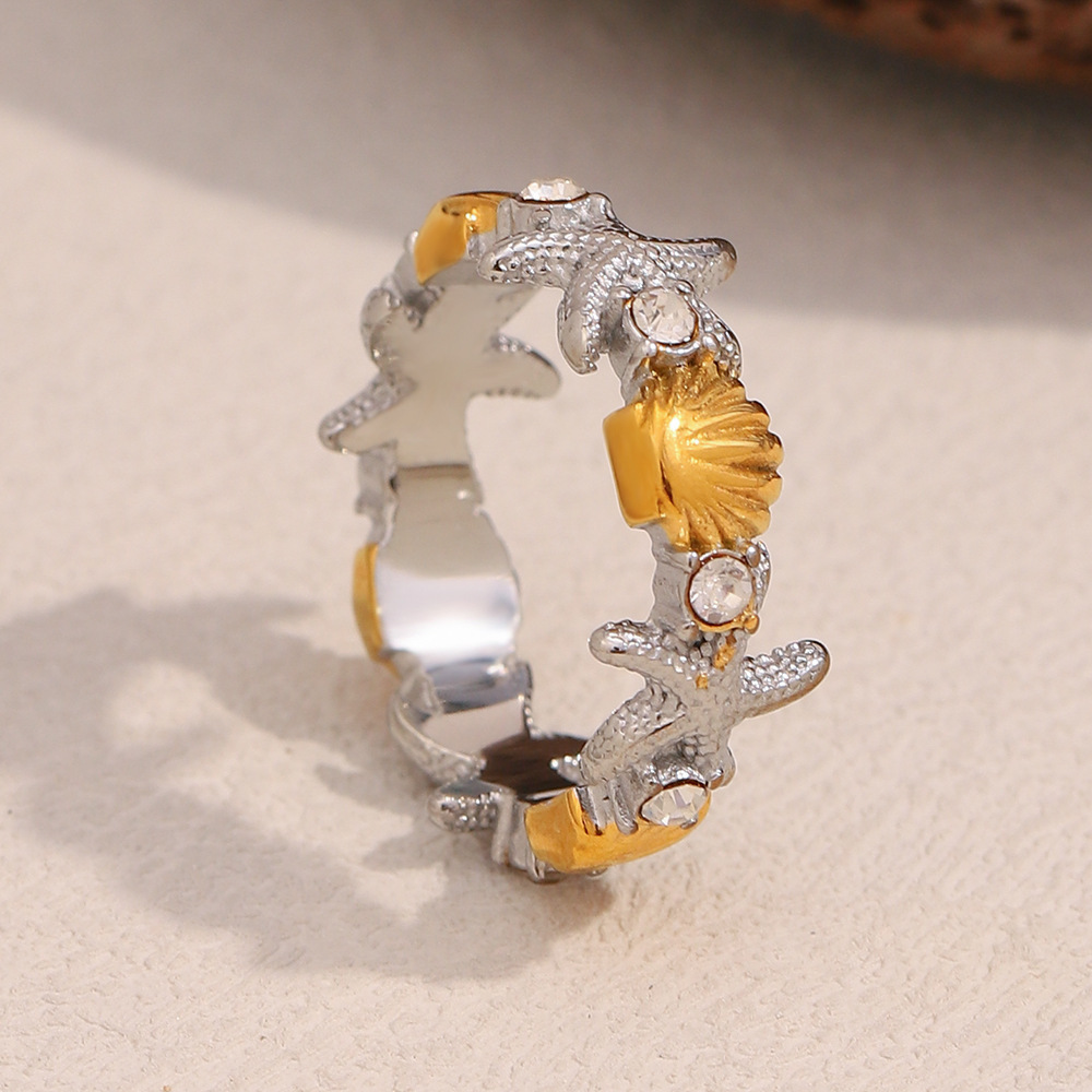 Bague Tendance En Acier Inoxydable Doré, Ornée D'Étoiles De Mer Et De Coquillages (1 Pièce) Image7