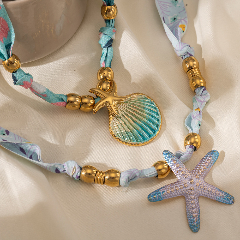 Collier Pendentif En Acier Inoxydable Doré, Style Coquillage Et Étoile De Mer (1 Pièce) Image4