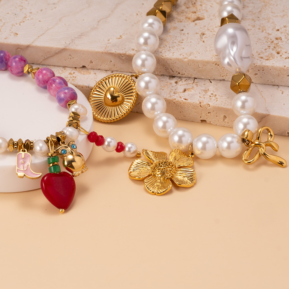 Collier De Perles Pour Femme, 1 Pièce, Cœur De Couleur Vive, Pierres Naturelles, Couleur Or Image4