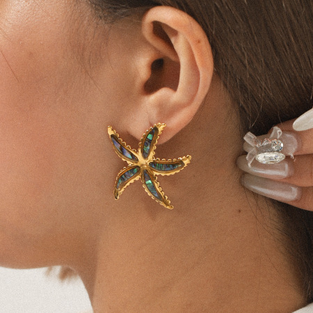 1 paire de boucles d'oreilles puces pour femme, motif étoile de mer, en acier inoxydable étanche, couleur or. 2
