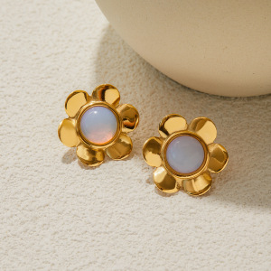 1 Paire De Boucles D'Oreilles Puces Classiques En Acier Inoxydable Doré, Ornées D'Une Fleur D'Opale. h5 Image6