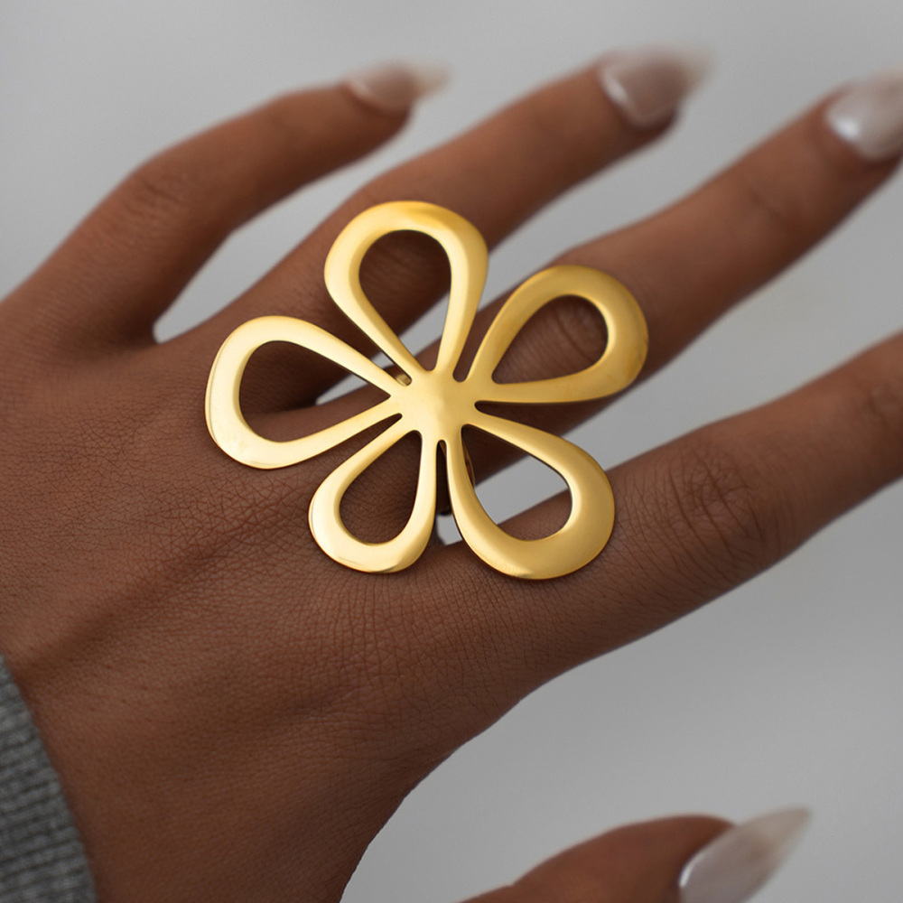 Bague De Déclaration Pour Femme En Acier Inoxydable Couleur Or Avec Motif Floral Rétro, 1 Pièce Image5