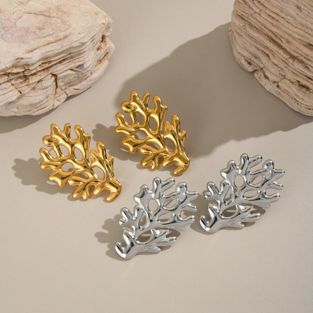 1 paire de boucles d'oreilles à tige en acier inoxydable couleur or pour femme, série Simple Daily Coral 2