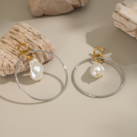 Boucles d'oreilles pendantes rondes en acier inoxydable étanche, couleur or, avec perles (1 paire).