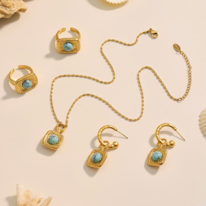 Ensemble De Bijoux Pour Femmes, 1 Pièce, Style Rétro Rectangulaire, En Acier Inoxydable Turquoise, Étanche, Couleur Or, Avec Pierre Naturelle. h5 Image2
