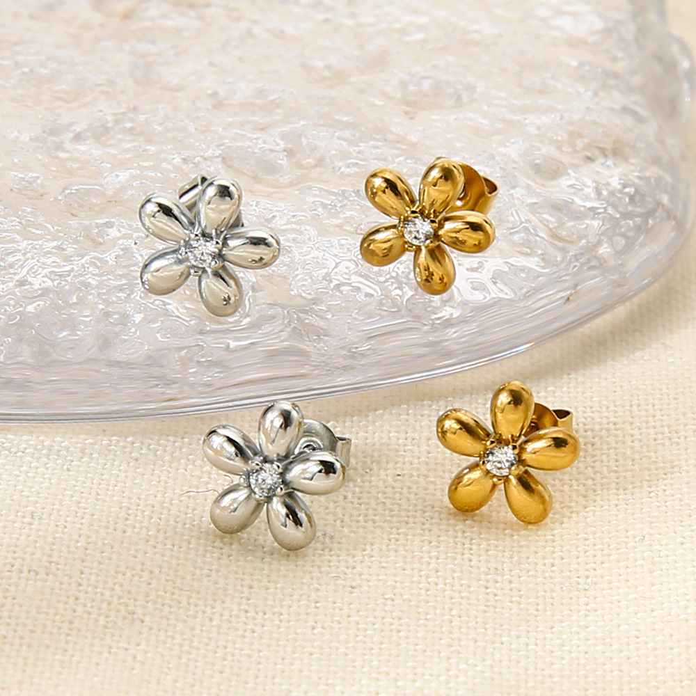 Boucles D'Oreilles Puces Élégantes En Acier Inoxydable Doré, Ornées De Zircon, Style Romantique, En Forme De Fleur, Étanches. h5Image4