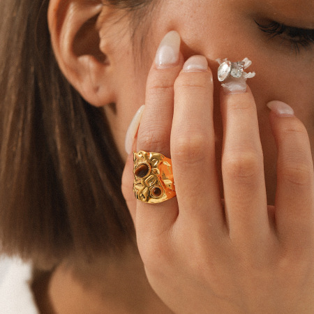 Bague tendance en acier inoxydable imperméable avec pierre naturelle, de forme irrégulière, à porter au quotidien. 2