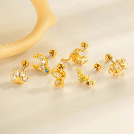 Boucles d'oreilles piercing exquises en forme de serpent, couleur cuivre et or, zircone, pour femme, 1 pièce