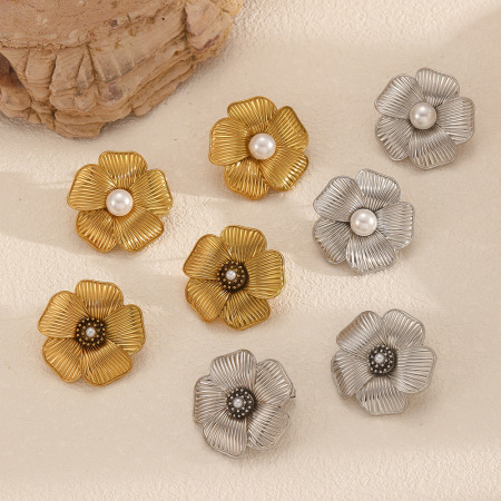 1 paire de boucles d'oreilles à clous en acier inoxydable doré, style Ins Style, avec motif floral.