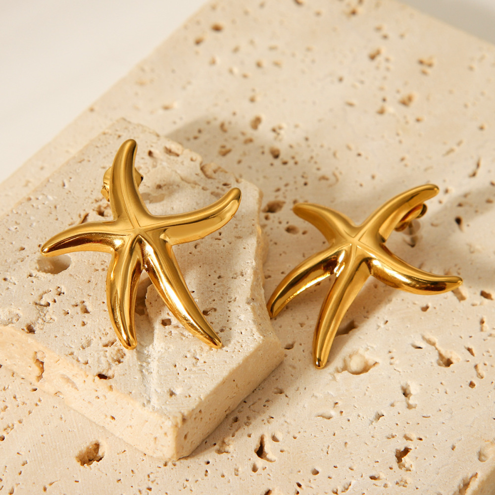 1 Paire De Boucles D'Oreilles Puces Simples Et Imperméables En Acier Inoxydable En Forme D'Étoile De Mer Pour Femmes. Image5