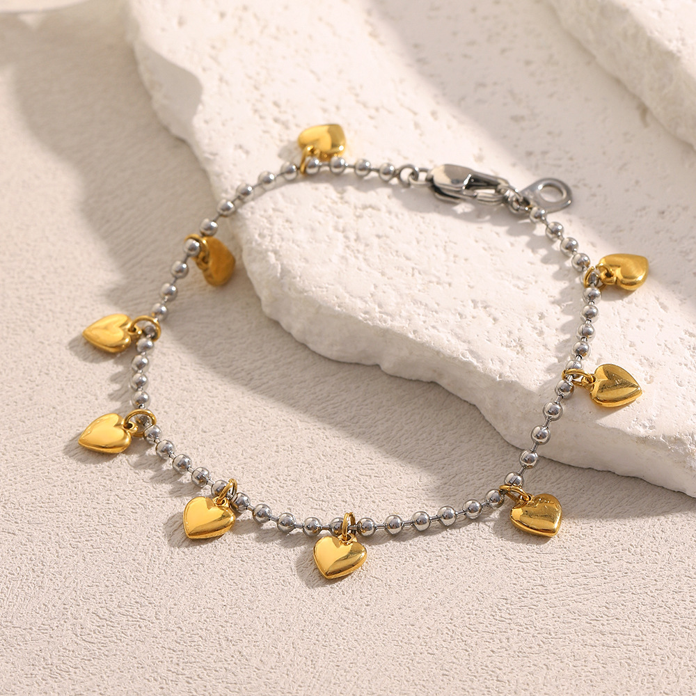 Bracelet À Breloques Pour Femme, En Acier Inoxydable, Couleur Or, Avec Motif Cœur (1 Pièce). h5Image7