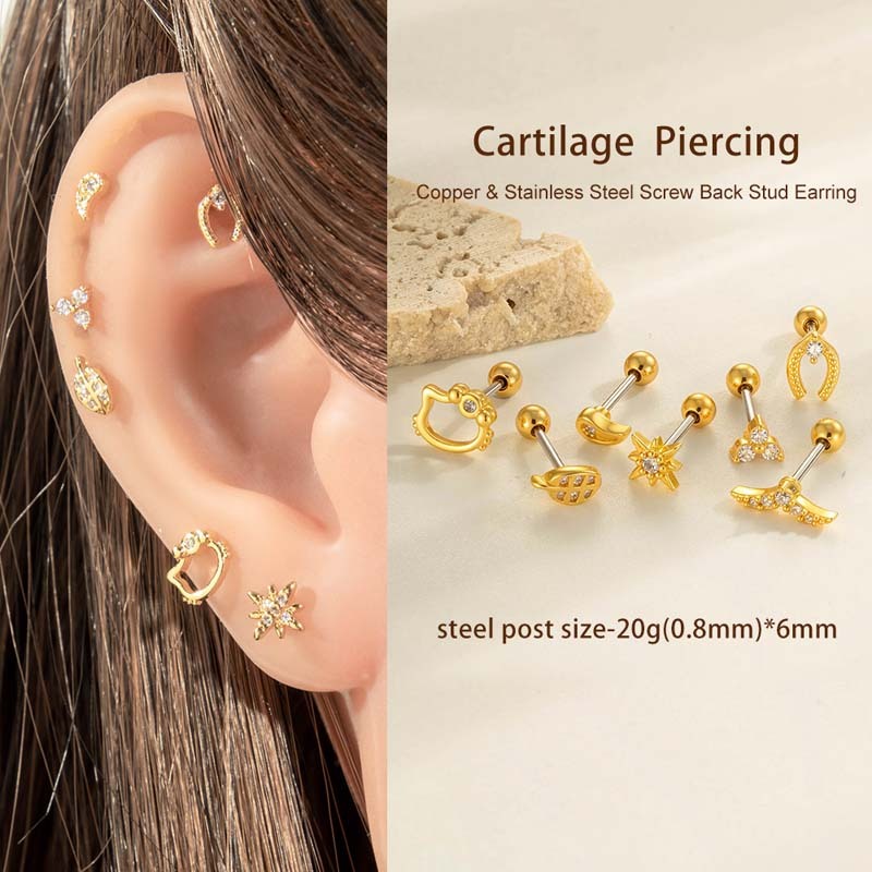 Boucles D'Oreilles Piercing Pour Femme, 1 Pièce, Feuilles Simples, Cuivre, Couleur Or, Zircon Image5