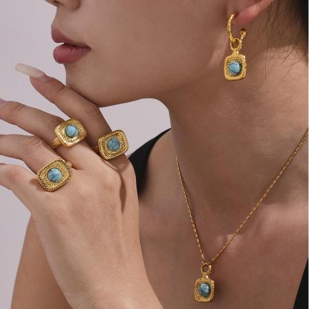 Ensemble de bijoux pour femmes, 1 pièce, style rétro rectangulaire, en acier inoxydable turquoise, étanche, couleur or, avec pierre naturelle.