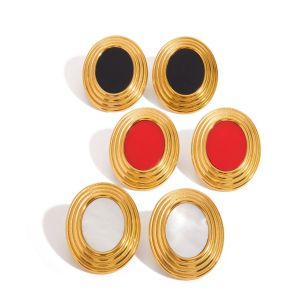 1 Paire De Boucles D'Oreilles Puces Ovales Rétro Classiques En Acier Inoxydable Étanche Couleur Or Pour Femmes h5 Image8
