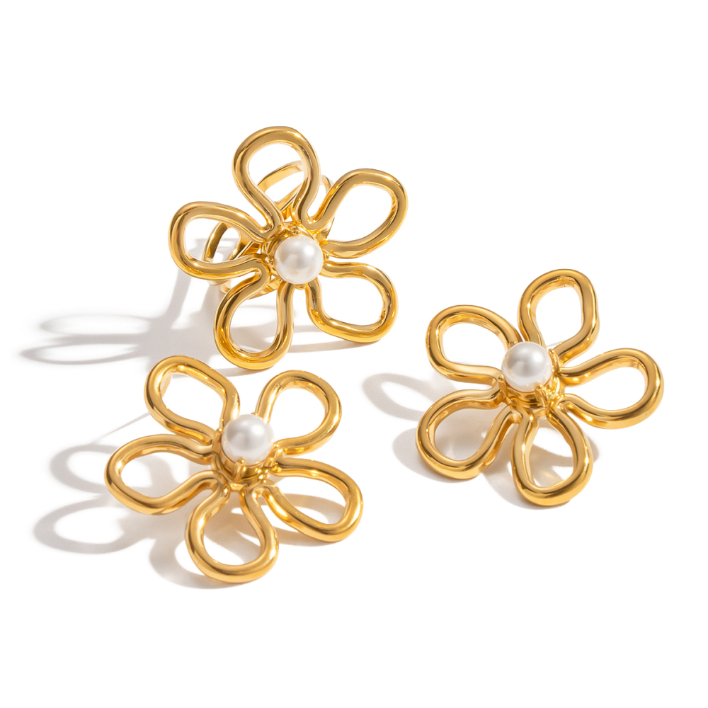 Ensemble De Bijoux Pour Femme En Acier Inoxydable Doré, Motif Floral Romantique Et Délicat (1 Paire). Image5