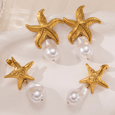 1 paire de boucles d'oreilles pendantes en acier inoxydable doré, étanches, en forme d'étoile de mer