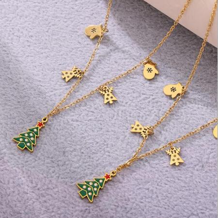 Colliers pendentifs pour femmes en acier inoxydable, imperméable, couleur or, avec zircon et motif sapin de Noël