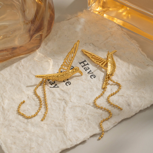Boucles D'Oreilles À Clous En Acier Inoxydable Doré, Motif Oiseaux (1 Paire) h5 Image5