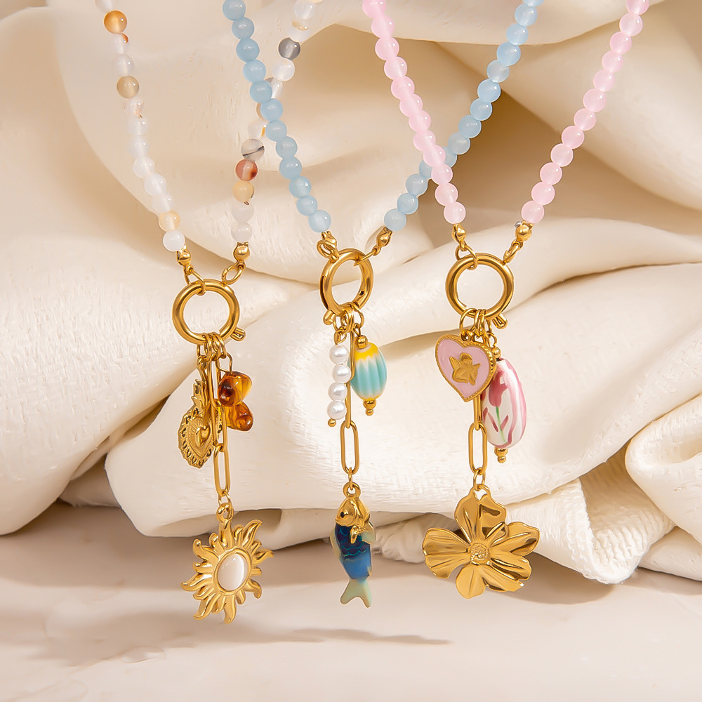 Collier De Perles Pour Femme, Motif Poisson-Soleil Et Fleur Douce, En Acier Inoxydable Étanche Couleur Or (1 Pièce) Image3