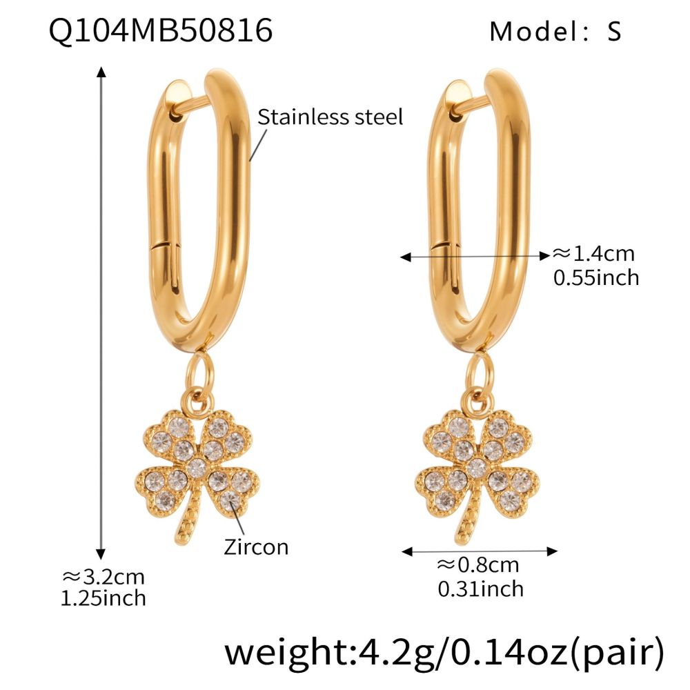 1 Paire De Boucles D'Oreilles Pendantes Élégantes En Acier Inoxydable Doré, Ornées De Zircon, En Forme De Trèfle, Pour Femme. 