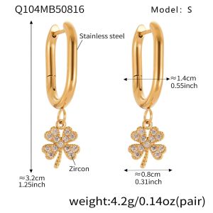 1 Paire De Boucles D'Oreilles Pendantes Élégantes En Acier Inoxydable Doré, Ornées De Zircon, En Forme De Trèfle, Pour Femme. h5 