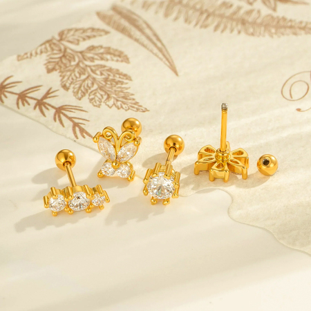 Boucle d'oreille piercing en forme de fleur, nœud papillon, cuivre, couleur or, zircone 2