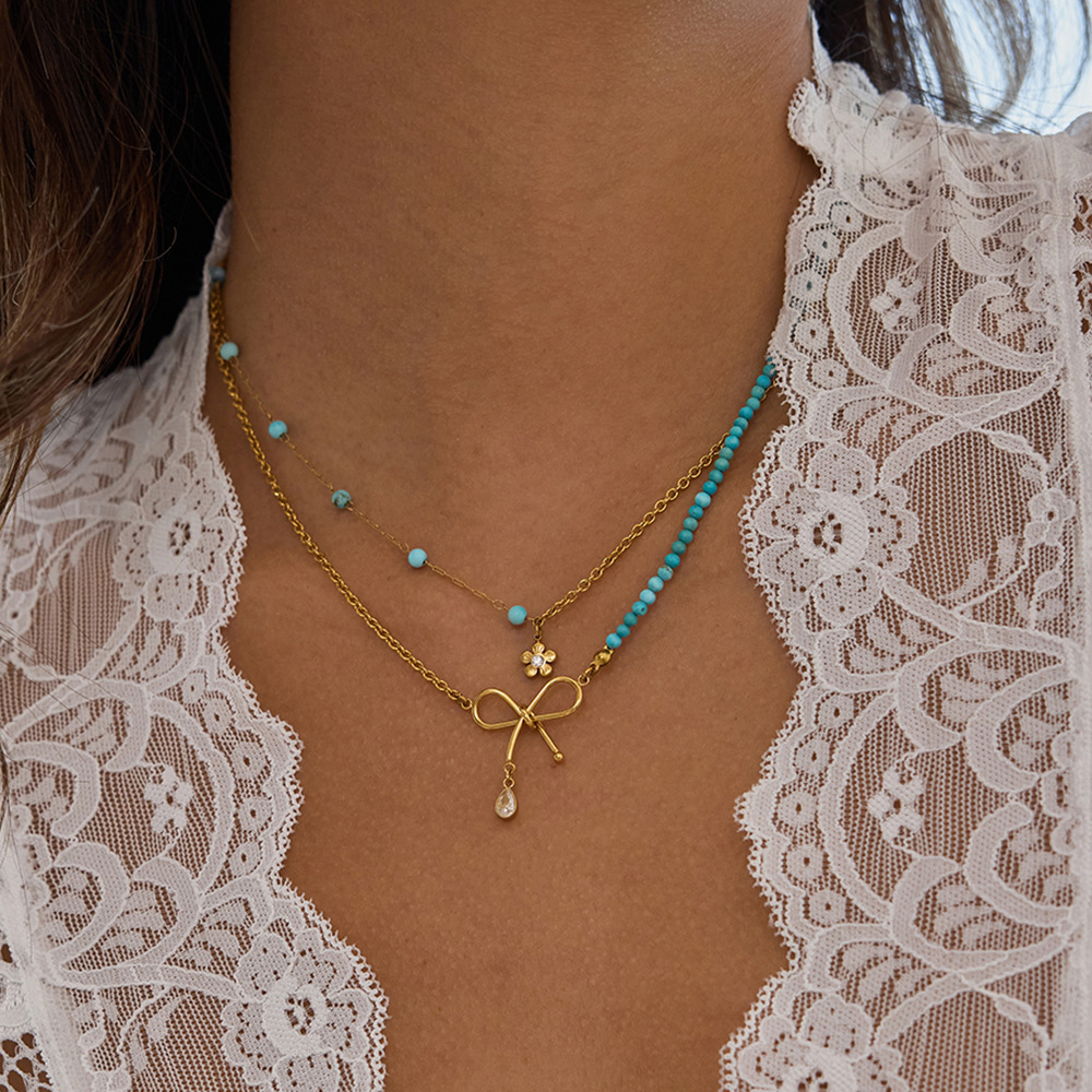 Collier À Plusieurs Rangs Pour Femme, Orné D'Un Nœud Papillon Élégant, En Acier Inoxydable Imperméable Et Couleur Or (1 Pièce) Image5