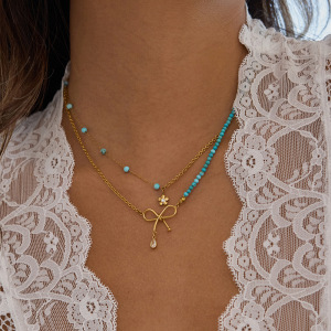 Collier À Plusieurs Rangs Pour Femme, Orné D'Un Nœud Papillon Élégant, En Acier Inoxydable Imperméable Et Couleur Or (1 Pièce) h5 Image5